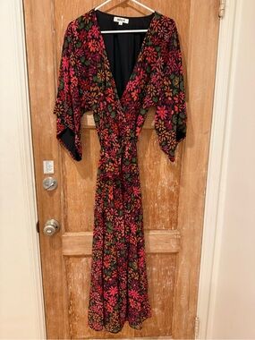 Mixed by Nasrin Floral Wrap Maxi Dress in Black with Pink & Green Accents